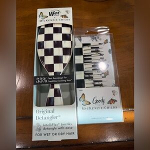 MacKenzie-Childs Black and Cream Check Paddle Brush and Travel Comb Set